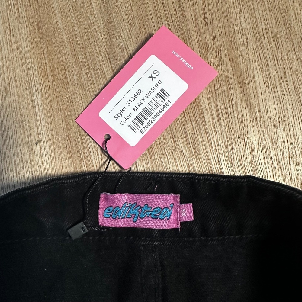 Edikted Black Washed Denim Mini Skirt XS Rhinestone Pocket Detail - Picture 5 of 7
